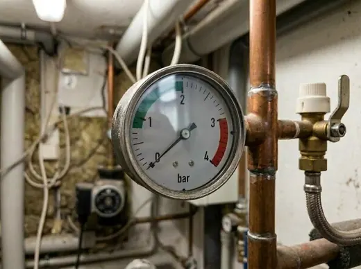 Foto vom Manometer einer Heizung, der Zeiger steht unter 1 bar