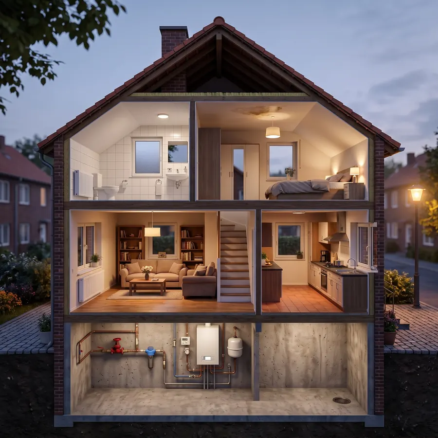 Schnittbild eines Reihenhauses im Ruhrgebiet mit Keller, Heizung, Wohnzimmer, Küche, Bad und Schlafzimmer
