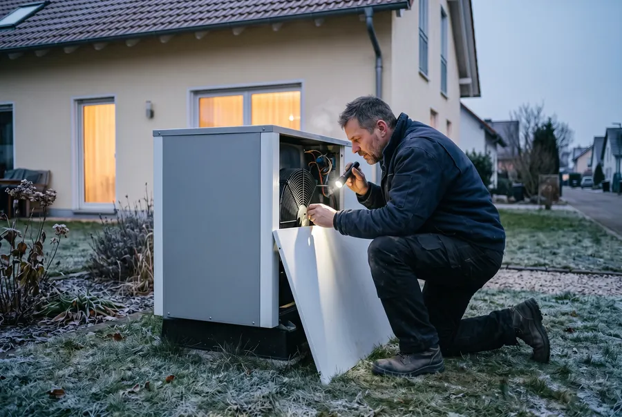 Heizungsnotdienst in Bochum: Monteur prüft bei Frost die Außeneinheit einer Wärmepumpe