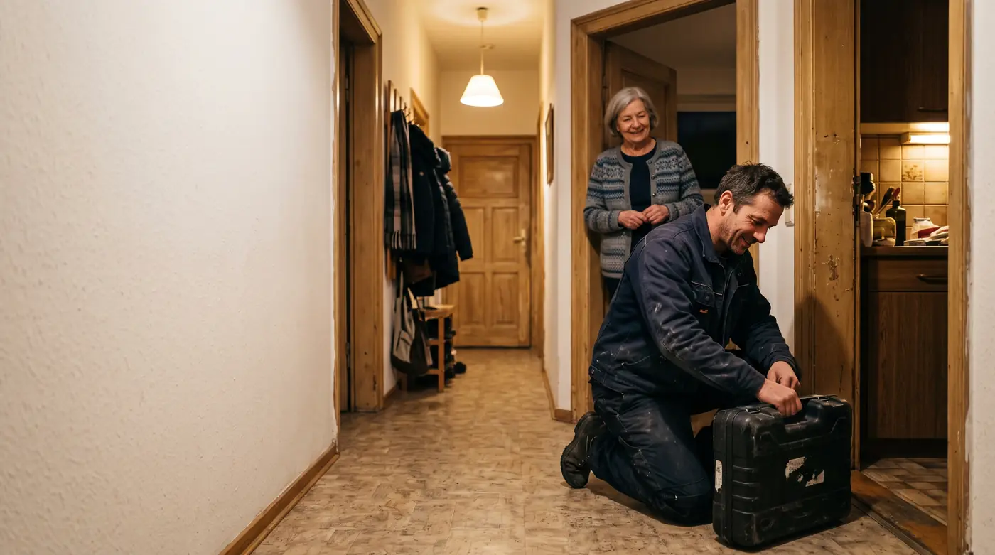 Handwerker packt nach dem erledigten Notdiensteinsatz im Flur den Werkzeugkoffer, die Bewohnerin steht erleichtert in der Tür