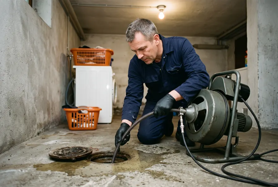Sanitär-Notdienst in Bochum: Installateur macht mit der Rohrreinigungsspirale einen Bodenablauf im Keller frei