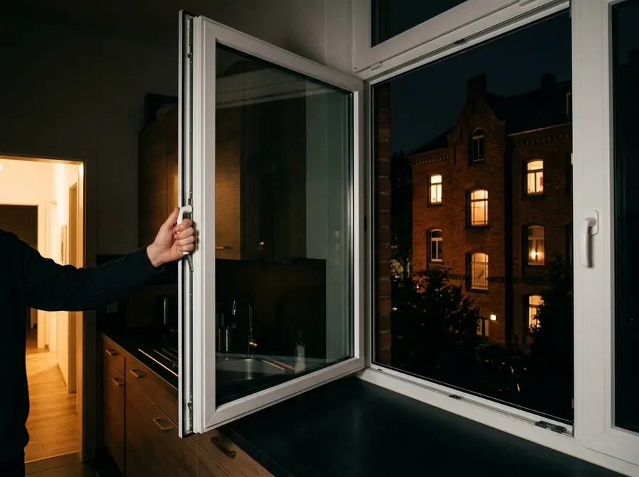 Fenster wird bei Nacht in einer dunklen Küche weit geöffnet