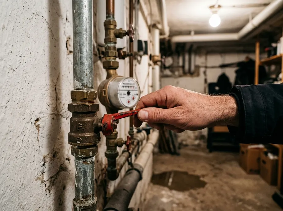 Hand dreht im Keller den Hauptwasserhahn am Wasserzähler zu
