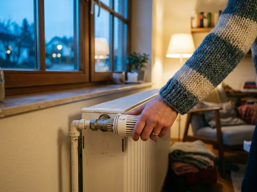 Hand dreht am Abend das Thermostat eines Heizkörpers voll auf
