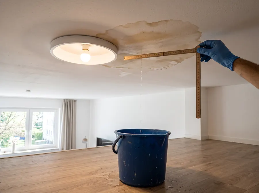Wasserfleck an der Zimmerdecke wird mit Zollstock für die Versicherung dokumentiert, darunter ein Eimer